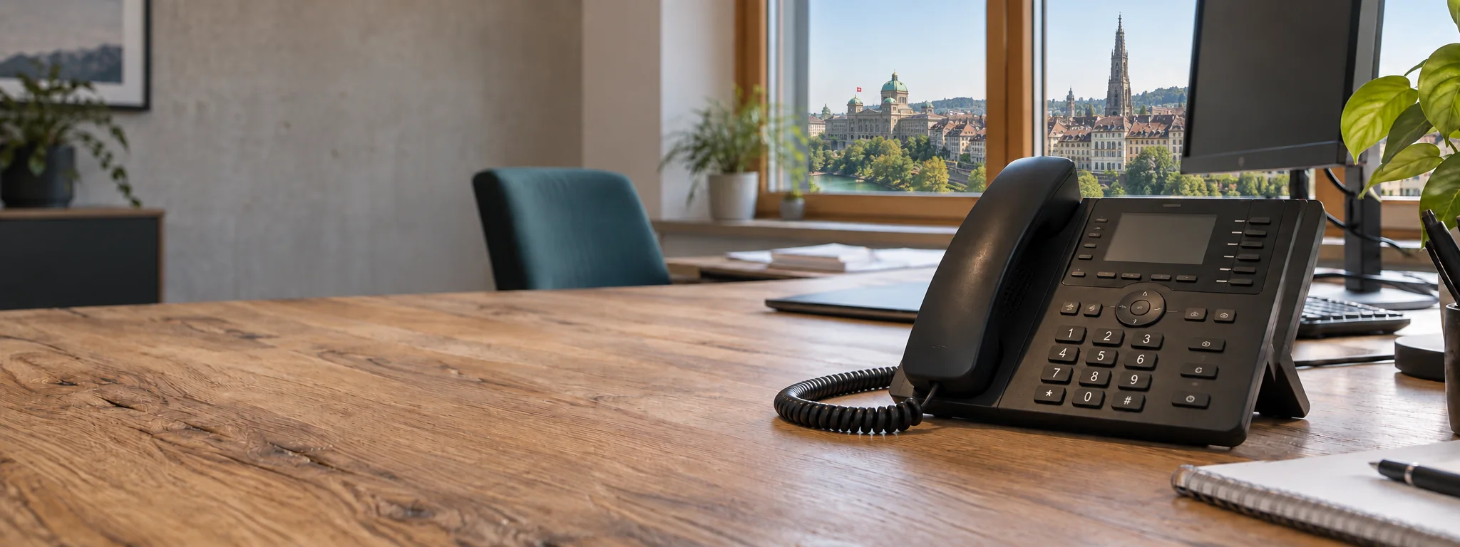 Ein VoIP-Telefon auf einem Bürotisch mit Blick auf die Berner Altstadt