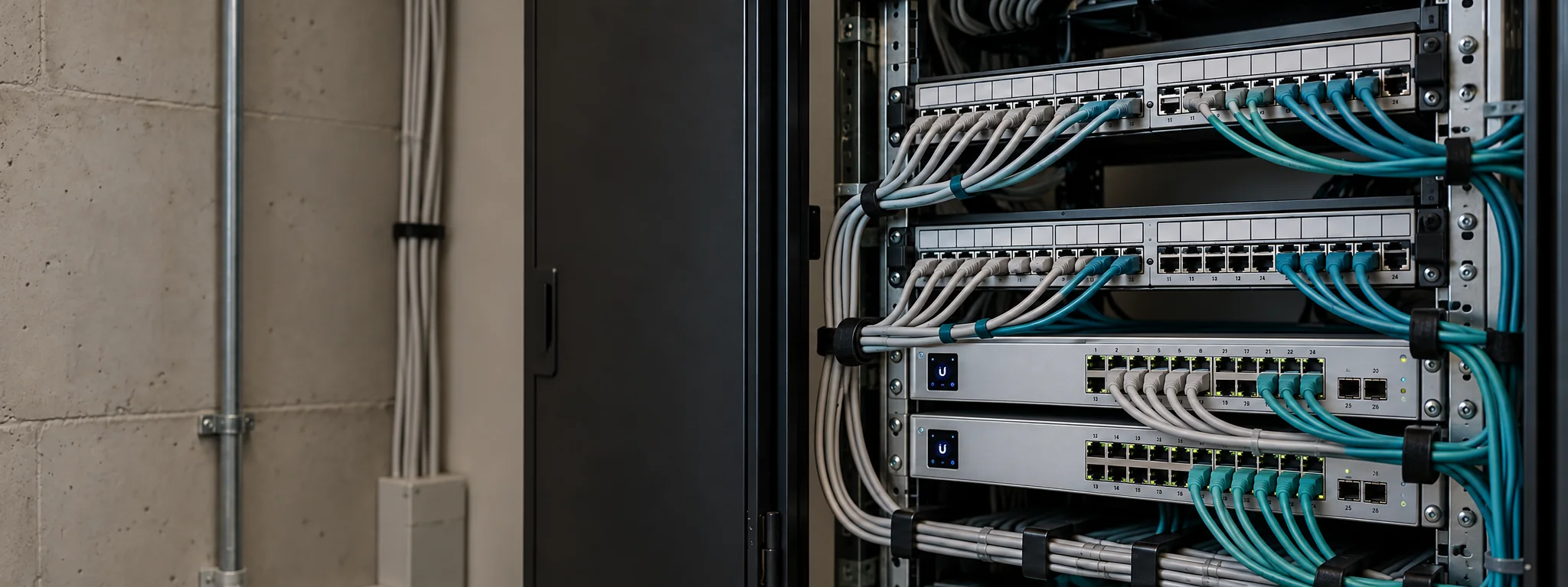 Ein aufgeräumter Netzwerkschrank mit Patchpanels und Switches