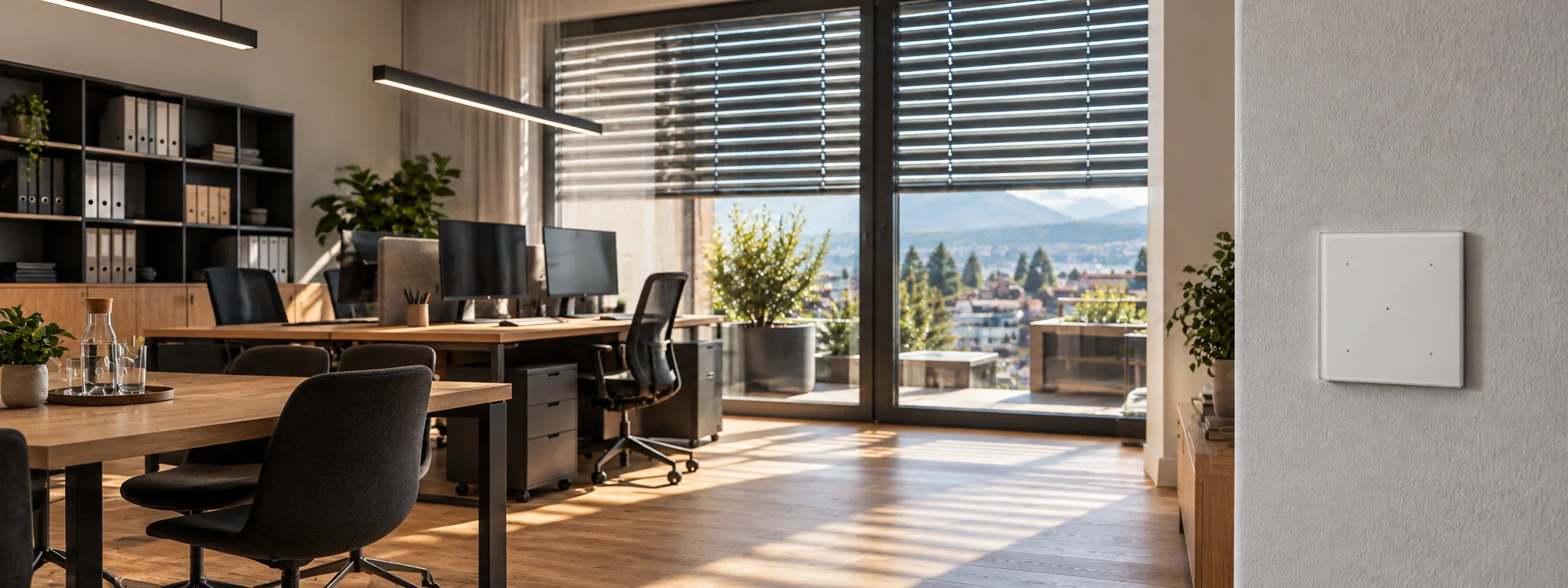 Ein KMU-Büro mit motorisierten Storen, Blick über Bern und einem Taster an der Wand