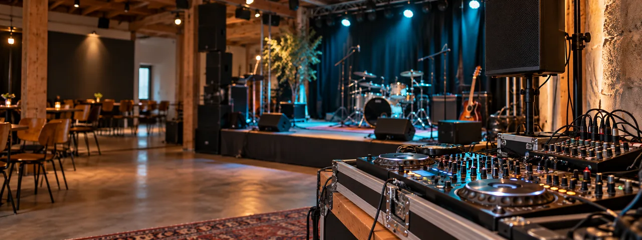 DJ-Material und eine Musikanlage in einem vorbereiteten Veranstaltungsraum